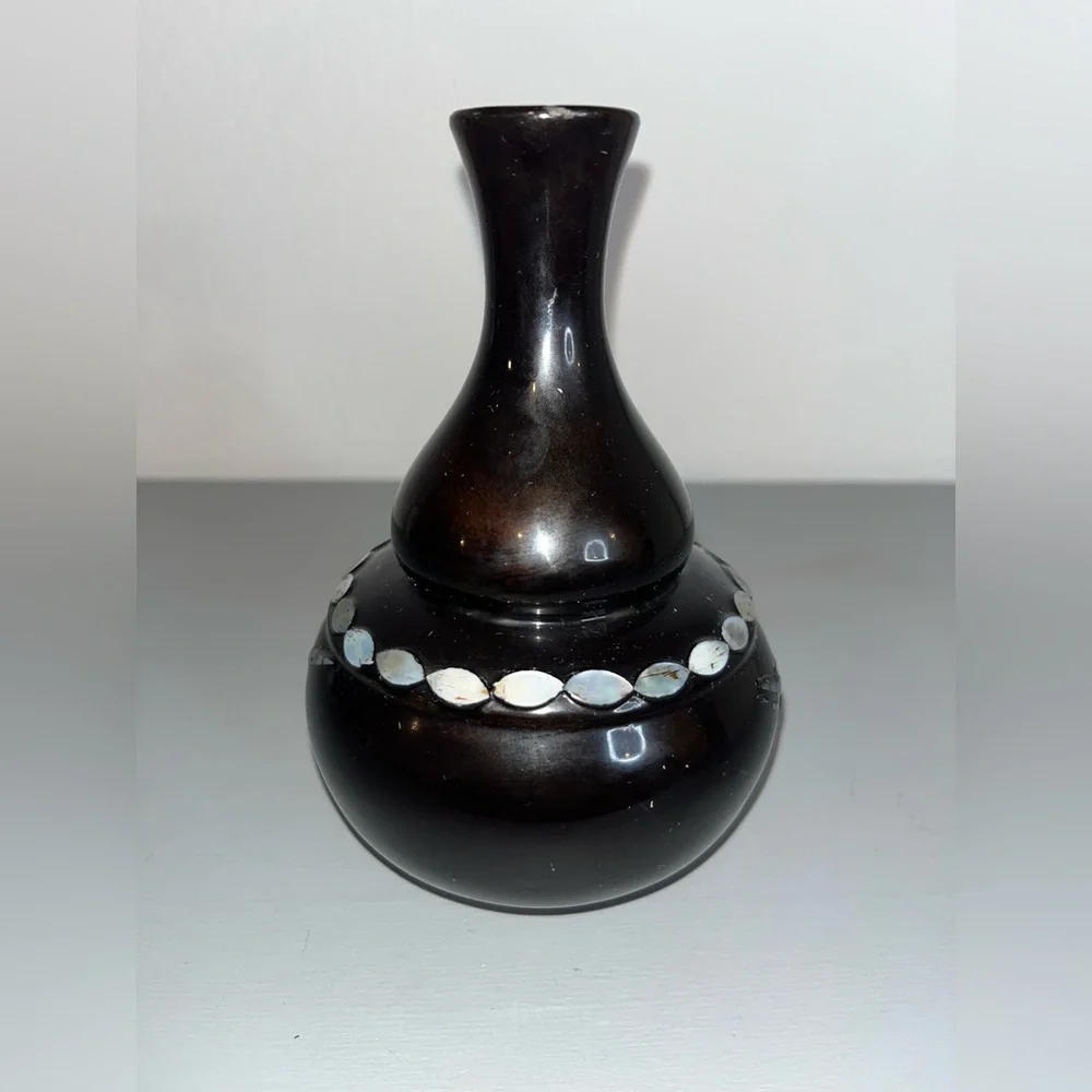 Vintage Orient Express Black Plastic Mother Of Pearl Vase Korea Floral BirdMotif